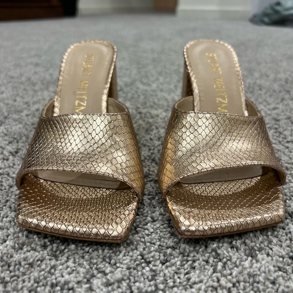 STUART WEITZMAN Tia 85 lizard-effect leather sandals Rose Gold Block Heel US 6.5 - Picture 2 of 10